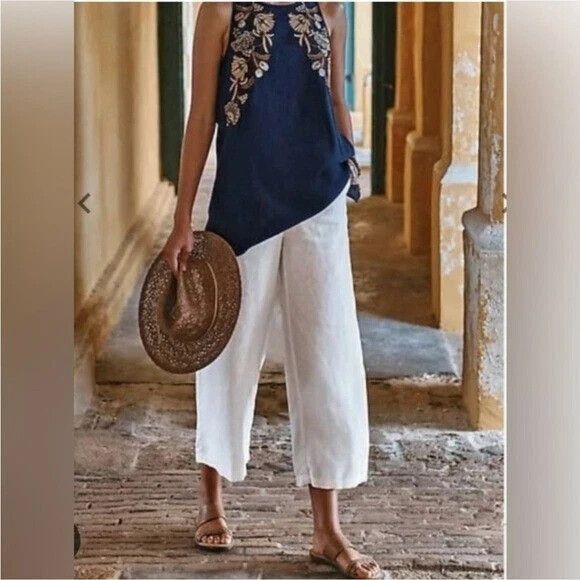 J Jill Capri Womens Large Wide Leg 100% Linen Pant White Elastic Waist New - Picture 1 of 8